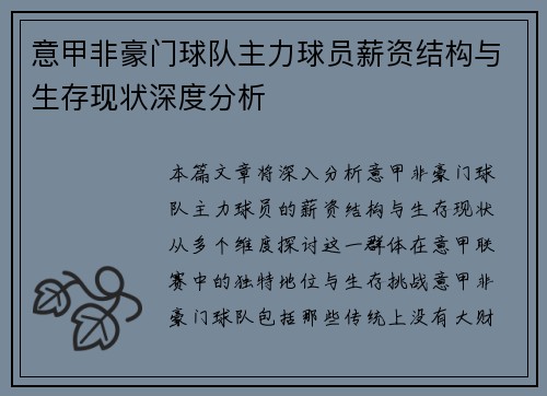意甲非豪门球队主力球员薪资结构与生存现状深度分析