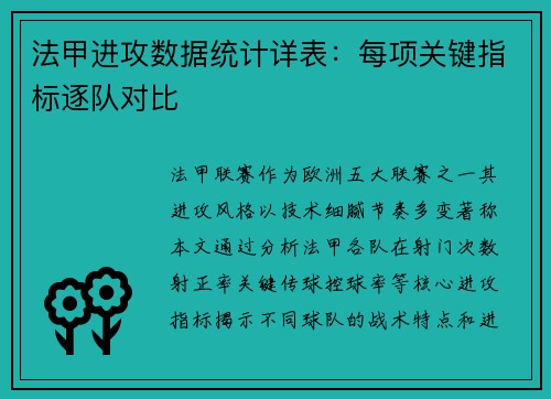 法甲进攻数据统计详表：每项关键指标逐队对比